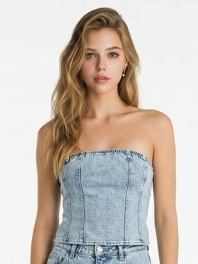 SHEIN Acid Wash Denim Strapless Tube Top in Light Blue